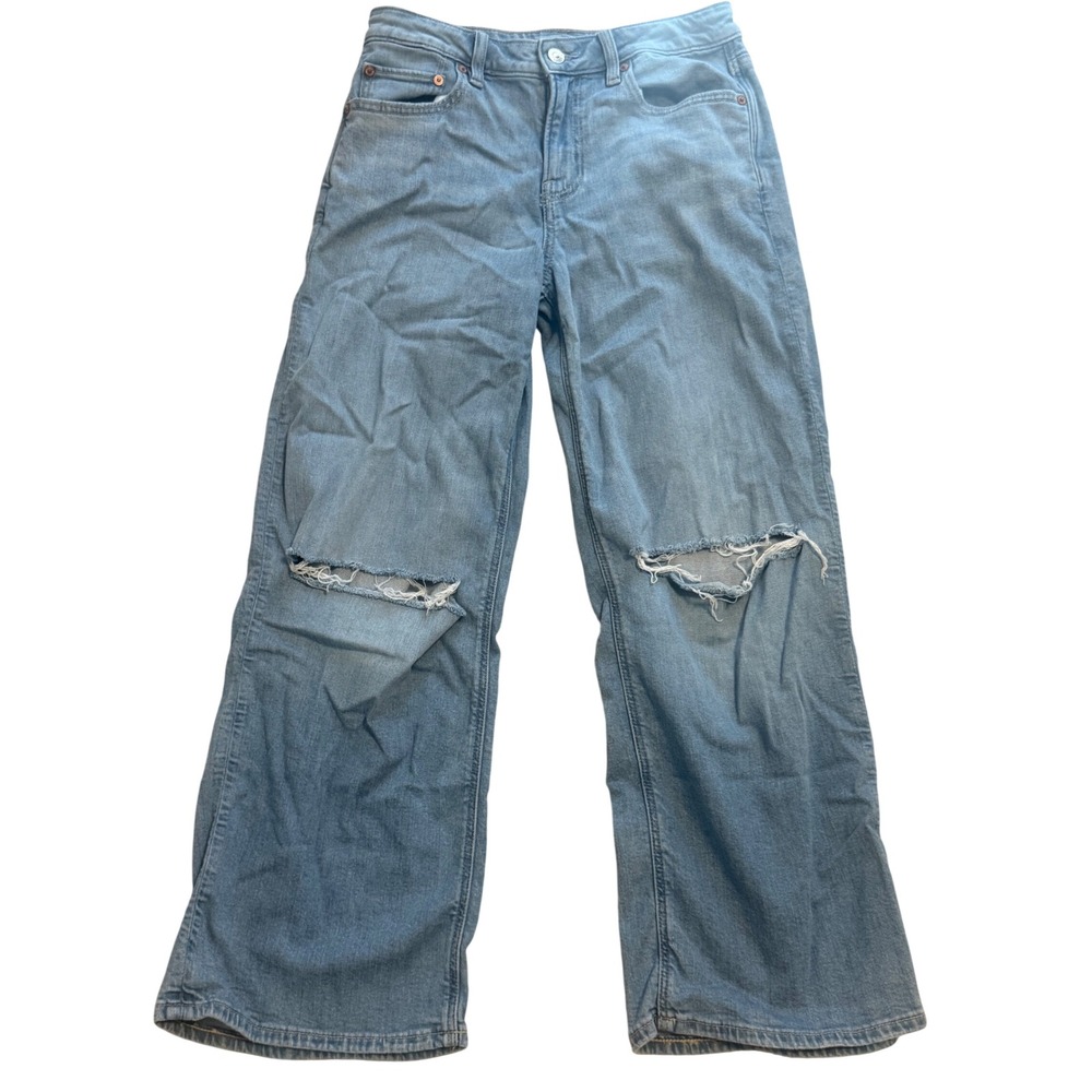 American Eagle Baggy Jeans Women 4 Short Light Blue Excellent Ripped Low Rise
